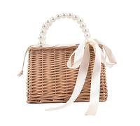 BEAHING Borsa da spiaggia in paglia da donna - Borsa tote in rattan intrecciato con ornamenti di perle da donna