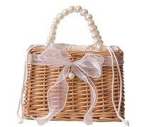 BEAHING Borsa di Paglia a Secchio, Elegante Borsa di Paglia con Manico Perla e Borsetta Rattan a Nastro a Bordo Nodo per Donne