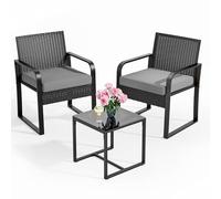 Bealife Salottino da Esterno in Rattan, Set Giardino 3 Pezzi con 2 Poltrone Imbottite + Tavolino con Piano in Vetro, Mobili per Balcone e Terrazza (grigio)