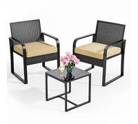 Bealife Salottino da Esterno in Rattan, Set Giardino 3 Pezzi con 2 Poltrone Imbottite + Tavolino con Piano in Vetro, Mobili per Balcone e Terrazza (beige)