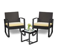 Bealife Set Giardino Esterno，Salottino da Esterno，Set da Giardino in Rattan 3 pezzi,，2 Poltrone a Dondolo con Imbottiture e Tavolino con Piano in Vetro (Beige)