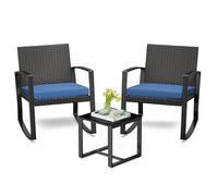 Bealife Set Giardino Esterno，Salottino da Esterno，Set di Mobili da Balcone in Rattan, ，Set da Balcone 3 Pezzi ，2 Poltrone a Dondolo con Imbottiture e Tavolino con Piano in Vetro (Blu)