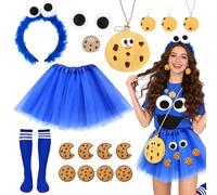 Beamely Cookie Monster Costume da donna, Biscuits Monster Costume con fascia per la testa, borsa, tutù, eyes mouth Biscuit Stickers, Earrings Necklace Cookie Outfit Set for Carnival Fancy Dress Theme