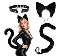 Beamely Set di abbigliamento da donna, accessori per cosplay con fascia per capelli, fluffy e morbida tail, collar nero, costume da animale, costume da gatto, costume da cosplay per feste a tema