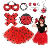 Beamely Set di accessori per costume da coccinella, rosso e nero, con tutù, maschera, guanti, borsa, gioielli per Halloween, carnevale, compleanno