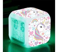 BeamsWork - Sveglie digitali con unicorno, 7 colori a LED, LCD, cubo con luci per bambini, sveglia, comodino, regalo di compleanno, ragazza, ragazzo, donna, camera da letto, adulto (unicorno 1)