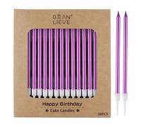 BEAN LIEVE 30 candele lunghe e sottili metallizzate per compleanno, candele per torte, feste di compleanno, decorazioni per matrimoni, candele per feste, decorazioni per torte (viola)