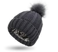 Beanie invernale da donna foderato in raso con cappuccio in maglia per le donne fodera in seta spessa cappello grosso teschio caldo, Pom-grigio scuro, Taglia unica