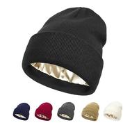 Beanie Invernale da Donna Foderato in Raso con Cappuccio in Maglia per Le Donne Fodera in Seta Spessa Cappello Grosso Teschio Caldo, Cuffed-Nero, Taglia Unica