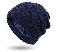 Beanie Invernale da Donna Foderato in Raso con Cappuccio in Maglia per Le Donne Fodera in Seta Spessa Cappello Grosso Teschio Caldo, Large-Slouchy-Blu Navy, Taglia Unica