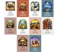 Bear and Bee Set de 30 Tarjetas de Navidad Religiosas A6 con Vidrieras - 15 Diseños Cristianos con Sobres Blancos