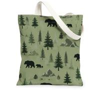 Bear Canvas Tote Bag per le donne, natura rustica pino montagna autunno verde lavabile riutilizzabile estetico borse idee per negozio, Verde, 13x15 Inch
