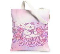Bear Canvas Tote Bag per le donne, Summer giocoso Cupcake Cuore Estate Pesca Lavabile Riutilizzabile Grafica Tote Bag Idee per Negozio, Pesca, 13x15 Inch
