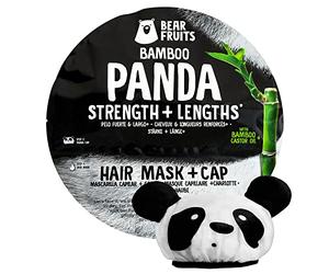 BEAR FRUITS Maschera Capelli Forti E Lunghi + Cuffia Panda Riutilizzabile, Con Estratto Di Bambù E Olio Di Ricino, Per Punte Rinforzate E Capelli Setosi E Lucenti, 20ML