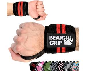 BEAR GRIP - Premium Weight Lifting Wrist Support Wraps, (Sold in pairs) (Black/Red/Edge)