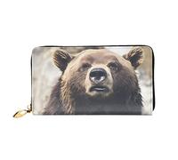 Bear In The Wild - Portafoglio lungo da donna, in pelle, con cerniera, da viaggio, porta carte di credito, Nero , Taglia unica