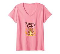 Bear-y - Adorabile Orsacchiotto a Forma di Stelle, Regalo Autunnale per Bambini Maglietta con Collo a V, Donna, Rosa, XXL