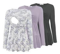 Bearsland, 3 confezioni di magliette da donna per l'allattamento a maniche lunghe con scollo a barchetta, L