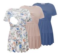 Bearsland Maglietta da allattamento da donna, a maniche corte, scollo rotondo, confezione da 3, Blu foschia e albicocca chiara e rose blu, L
