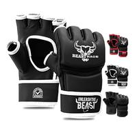 BEAST RAGE Guanti MMA per Arti Marziali Grappling Allenamento guantoni, palmo ventilato, VEGAN Kara Sparring Guantoni per Kickboxing, Muay Thai, Sacchi Pugilato, Sacco da Boxe Cuoio Hide (XL, BIANCO)