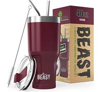 BEAST Tazza Termica da Viaggio - 1050 ml I Mirtillo Rosso I Doppia Parete Inox Termos Caffè Isolato I con 2 Cannucce Riutilizzabili & Spazzolino per Pulizia I Ideale per Caffè Freddo o Caldo