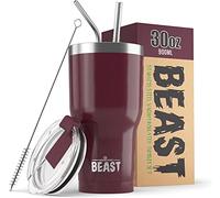 Beast Tumbler - 900 ml (30 oz), Mirtillo Rosso | Bicchiere termico in acciaio inox riutilizzabile con isolamento sottovuoto | con 2 cannucce e spazzola per la pulizia | Tazza a doppia parete
