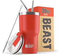 Beast Tumbler - 900 ml (30 oz), Rosso Coccinella | Bicchiere termico in acciaio inox riutilizzabile con isolamento sottovuoto | con 2 cannucce e spazzola per la pulizia | Tazza a doppia parete
