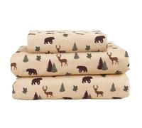 Beatrice Home Fashions Cozy Cabin - Set di lenzuola in microfibra con tasche profonde, 3 pezzi, motivo patchwork rustico, motivo cervo, marrone, verde chiaro