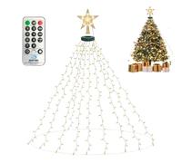 BeauFIvv Luci Albero di Natale Interno - Ghirlanda con Punta a Stella e Anello, 200 LED 2M, Illuminazione Albero Natale IP44, 8 Modalità & Timer, Luce Bianco Caldo