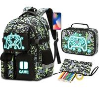 Beaulyn Set di zaino per bambini, grande zaino per ragazzi con borsa per il pranzo e astuccio, grandi zaini per la scuola con USB per ragazzo, Verde