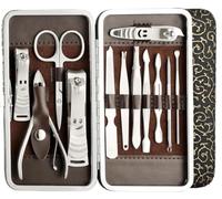 Beauté Secrets Basics, set per manicure, tagliaunghie, forbici in acciaio inox, kit per la toelettatura delle unghie, ago per acne, strumenti per punti neri, custodia da viaggio in pelle (argento)