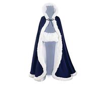 BEAUTELICATE Mantello con Cappuccio Donna Mantella Lungo Pelliccia Sintetica Raso da Sposa con Mano Manicotto per Matrimonio Invernale Hallween Natale Carnevale Cosplay (Blu Navy, 127cm)