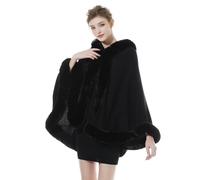 BEAUTELICATE Poncho Mantella di Pelliccia Sintetica Donna Invernale Stola Scialle con Cappuccio Lavorata a Maglia Cardigan per Cerimonia Festa Matrimonio (Nero,Taglia Unica)