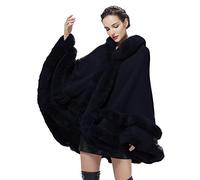 BEAUTELICATE Poncho Mantella Lavorato a Maglia con Cappuccio in Pelliccia Sintetica Scialle Stola Cappotto Cardigan Donna per Matrimonio Invernale Festa (Blu Navy, Taglia Unica)