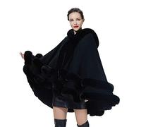 BEAUTELICATE Poncho Mantella Lavorato a Maglia con Cappuccio in Pelliccia Sintetica Scialle Stola Cappotto Cardigan Donna per Matrimonio Invernale Festa (Nero, Taglia Unica)