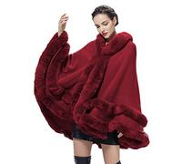 BEAUTELICATE Poncho Mantella Lavorato a Maglia con Cappuccio in Pelliccia Sintetica Scialle Stola Cappotto Cardigan Donna per Matrimonio Invernale Festa (Vino Rosso, Taglia Unica)