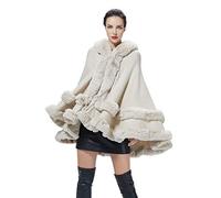 BEAUTELICATE Poncho Mantella Lavorato a Maglia con Cappuccio in Pelliccia Sintetica Scialle Stola Cappotto Cardigan Donna per Matrimonio Invernale Festa (Beige, Taglia Unica)