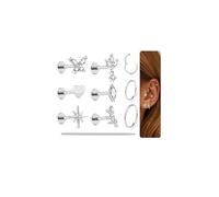 Beautidots G23 - Set di 10 orecchini a perno in titanio 16G/18G, con retro piatto, per cartilagine, trago, cartilagine, anelli, cerchi con zirconia cubica, farfalla, fiore, foglia, cuore, perno