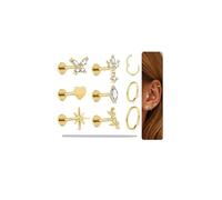 Beautidots G23 - Set di 10 orecchini a perno in titanio 16G/18G, con retro piatto, per cartilagine, trago, cartilagine, anelli, cerchi con zirconia cubica, farfalla, fiore, foglia, cuore, perno
