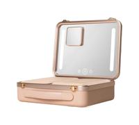Beautifect Beauty case con specchio illuminato, scatola grande per il trucco con luci a LED e lente d'ingrandimento 5x, organizer da viaggio ricaricabile per cosmetici con porta pennelli, color carne