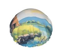 Beautiful River Windmill - Cuffia da doccia per donne e uomini, riutilizzabile, a doppio strato, impermeabile, resistente, traspirante