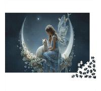 Beautiful Woman And Her Cat Sitting on The Moon 1000pcs (75x50cm) Puzzle Adatto Per Adulti E Folla Dai 14 Anni in Su