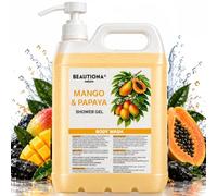 Beautiona® Gel doccia Mango & Papaya da 5 l con pompa dosatrice KONTAI®, gel doccia con profumo di frutta tropicale, per la pulizia quotidiana del corpo, tanica da 5000 ml + pompa SA38/410