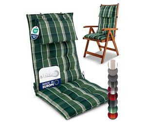 Beautissu Premium Cuscini Schienale Alto con Poggiatesta 120x50 cm Verde a scacchi - Spessore 8cm Cuscino Sedia Giardino Fissaggio Antiscivolo - Tessuto Robusto Resistente UV - Sun-HL