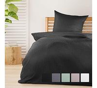 Beautissu Set di 2 Biancheria da letto Seersucker 135x200 cm Meline - Copripiumino con cerniera per l'estate - Federa e copripiumino traspirante e delicato sulla pelle - nero