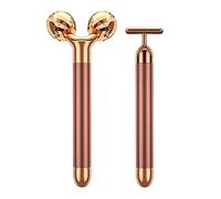 Beauty Bar 2 in 1 24k Golden Pulse - Massaggiatore facciale elettrico, rullo 3D a forma di T e massaggiatore a rullo facciale a forma di T, strumenti per la cura della pelle