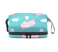 Beauty case a doppio strato a doppio strato con maiale rosa come Pegaso e unicorno con nuvole, per donne e ragazze, borsa da viaggio per trucchi pratica borsa organizer con scomparto per pennelli,