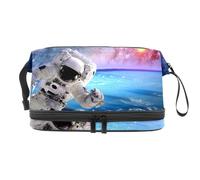 Beauty case a doppio strato con astronauta nel pianeta universo, per donne e ragazze, borsa da viaggio per trucchi pratica borsa organizer con scomparto per pennelli, Multi, 27x15x14 cm/10.6x5.9x5.5