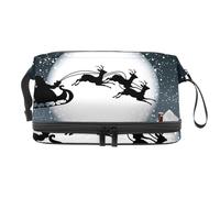 Beauty case a doppio strato con Babbo Natale e la sua renna sulla luna piena con città innevata per donne e ragazze, borsa da viaggio per trucchi pratica borsa organizer con scomparto per pennelli,