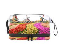 Beauty case a doppio strato con campi di fiori e mulino a vento, per donne e ragazze, trousse da viaggio per trucchi, pratica borsa organizer con scomparto per pennelli, Multi, 27x15x14
